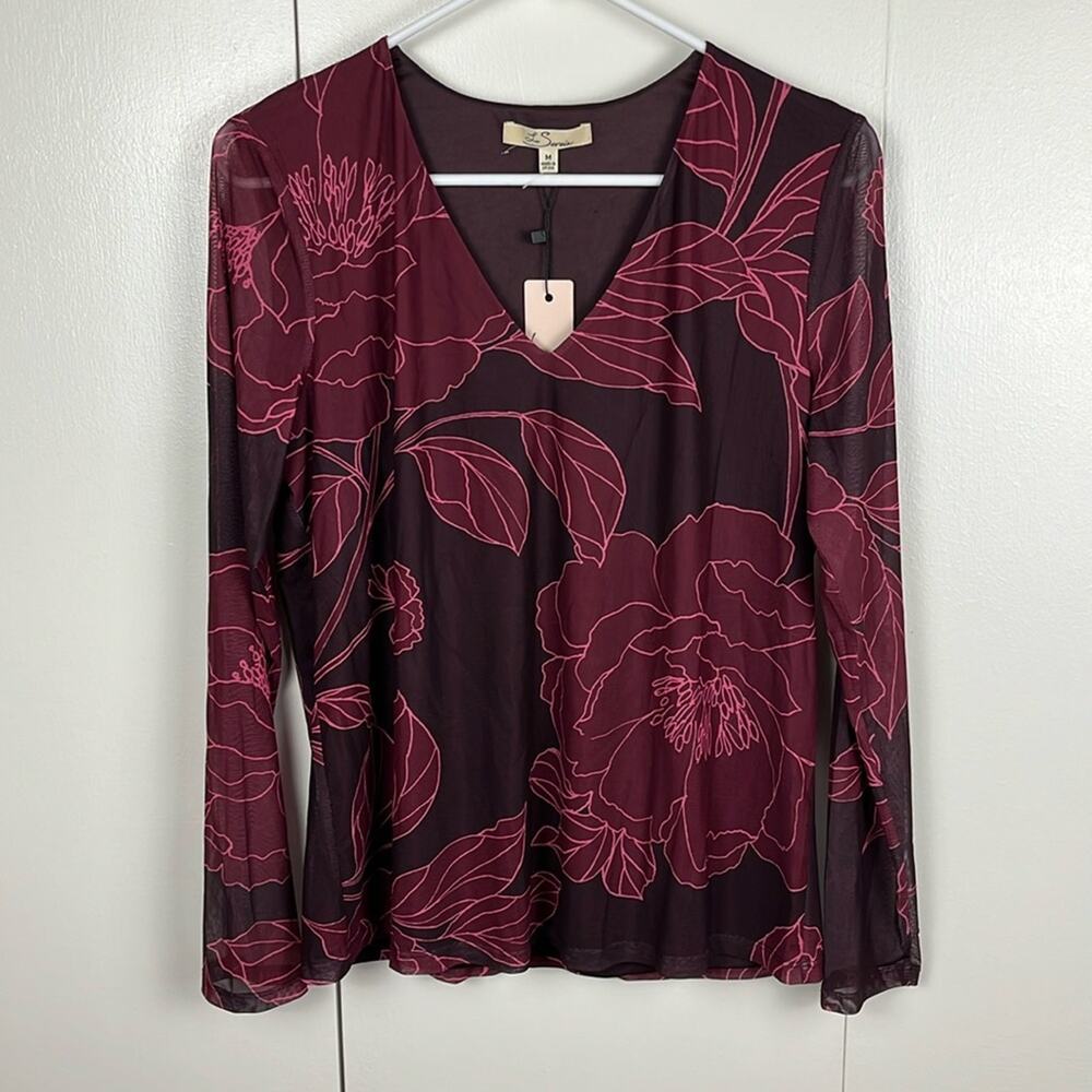 Les Serein Shirt Medium V Neck Top Wine Floral Lined Sheer Long Sleeve